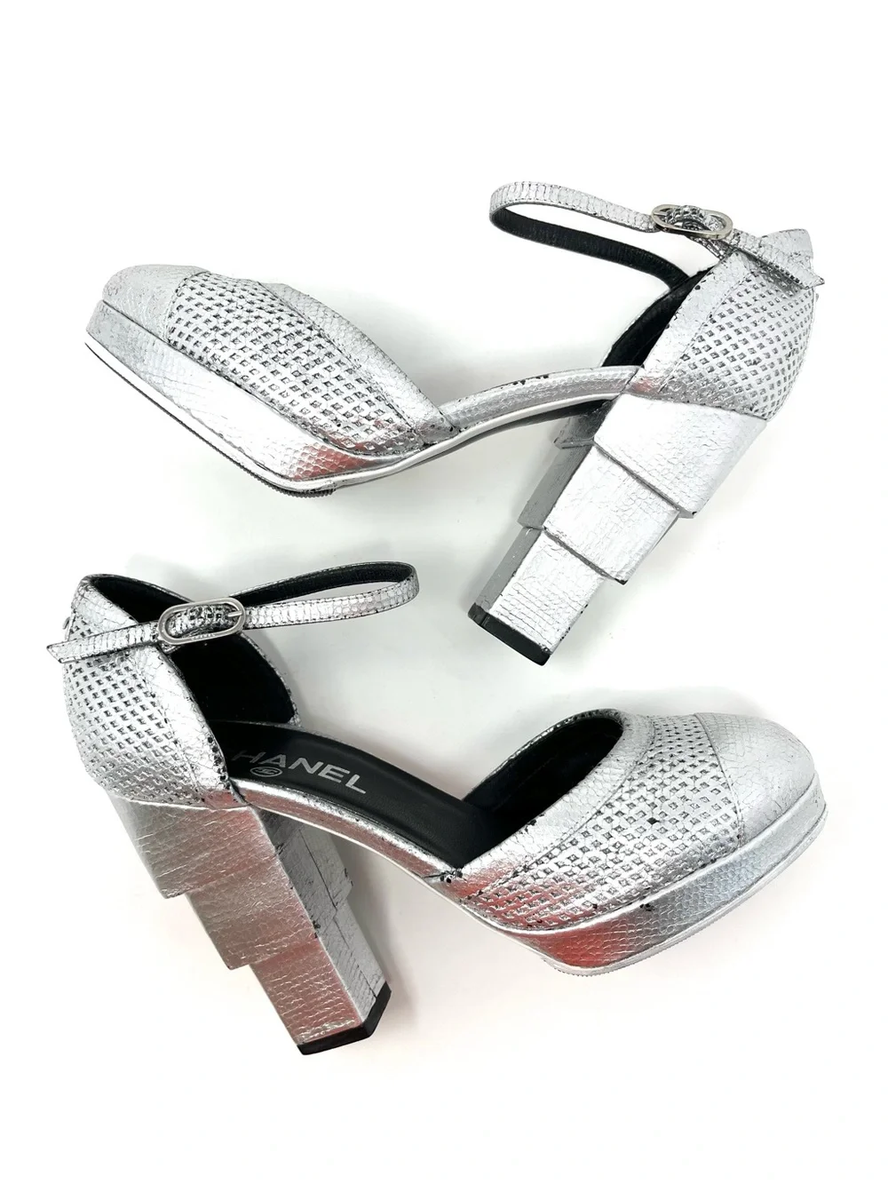 Vintage Chanel Silver Leather CC Logo Cap Toe Platform High Heels Pumps 36.5